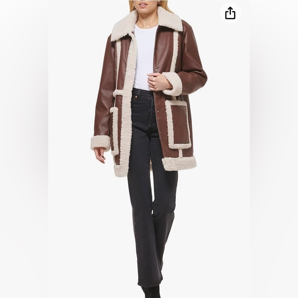 Levi's NWT Vegan Leather Sherpa Spill Out Coat SZ S Boho 70’s Retro Penny Lane - Picture 3 of 15